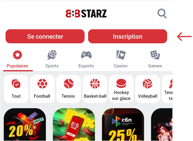 Cliquez sur le bouton rouge S'inscrire 888starz Apk Côte d'Ivoire